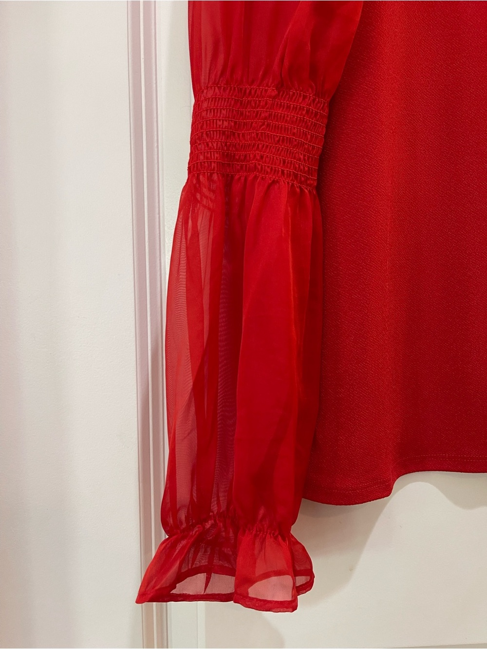 Cato Red Sheer Long Sleeve Ruffle Shoulder Smocked Cuff Blouse Top M - Picture 2 of 6